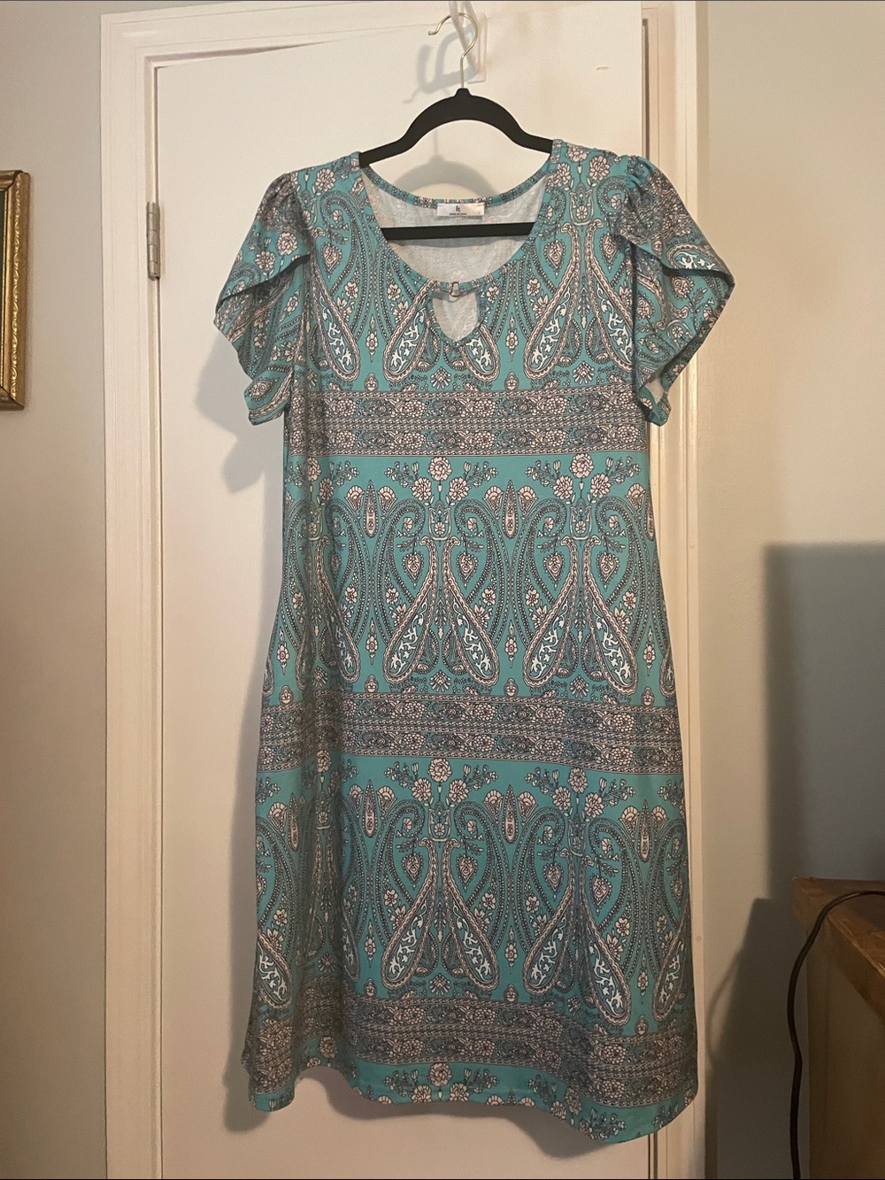 Paisley Teal Midi Dress with Keyhole Neckline